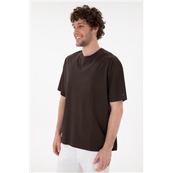 Erkek Comfort Fit Bisiklet Yaka Kahverengi Merserize Basic Tişört