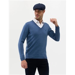 İndigo Melanj Slim Fit V Yaka Basic Triko Kazak