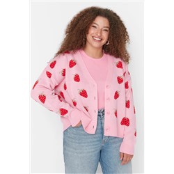 Pembe Çilek Desenli V Yaka Crop Triko Hırka TBBAW23AV00028