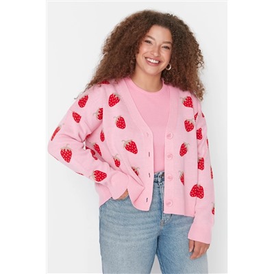 Pembe Çilek Desenli V Yaka Crop Triko Hırka TBBAW23AV00028