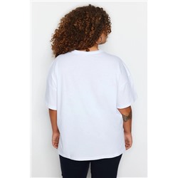 Beyaz Geniş Kalıp Bisiklet Yaka Baskılı %100 Pamuk Örme T-shirt TBBSS23AH00131