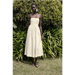 BEADED STRAPPY LINEN BLEND MIDI DRESS