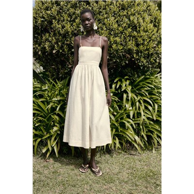 BEADED STRAPPY LINEN BLEND MIDI DRESS