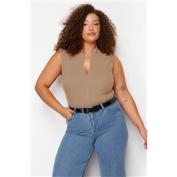 Bej Fermuarlı %100 Pamuk Fitilli Kaşkorse Örme Büyük Beden Bluz TBBSS24AF00040