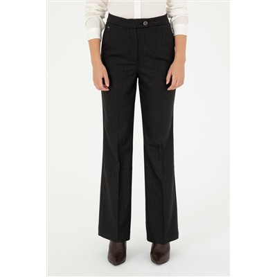 Kadın Antrasit Çizgili Slim Flare Fit Kanvas Pantolon