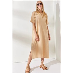 Olalook, Kadın Bej Yanı Yırtmaçlı Oversize Pamuk Elbise  ELB-19001880