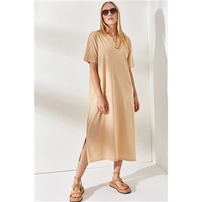 Olalook, Kadın Bej Yanı Yırtmaçlı Oversize Pamuk Elbise  ELB-19001880