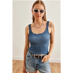 Olalook Kadın İndigo Yıkamalı Atlet Bluz BLZ-19002675
