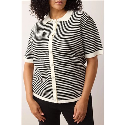 Siyah-Krem Polo Yaka Çizgili Triko Bluz TBBSS25AF00115