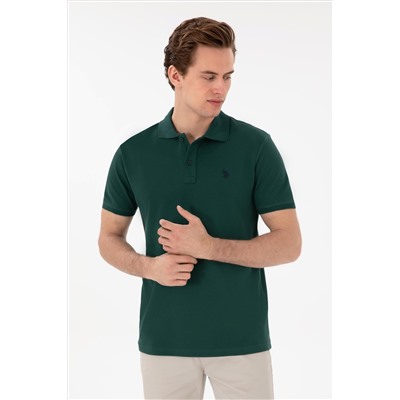 Erkek Slim Fit Polo Yaka Koyu Yeşil Basic Tişört