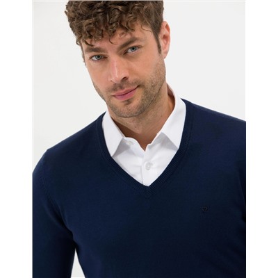 Açık Lacivert Slim Fit V Yaka Basic Triko Kazak