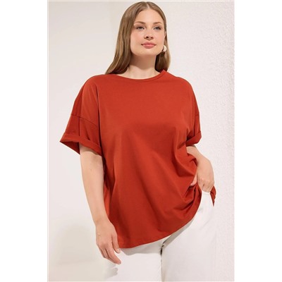 Kiremit %100 Pamuk Sırt Baskılı Rahat Kesim Bisiklet Yaka Örme T-Shirt TBBSS24BF00025