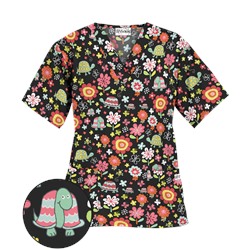 UA Slowpoke Black V-Neck Print Scrub Top