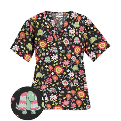 UA Slowpoke Black V-Neck Print Scrub Top