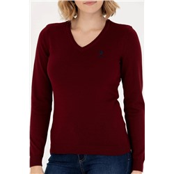 Kadın Bordo V - Yaka Basic Kazak