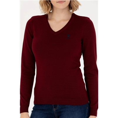 Kadın Bordo V - Yaka Basic Kazak