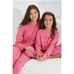 Siyah İnci pembe puan desenli Pamuklu Pijama Takımı 7693
