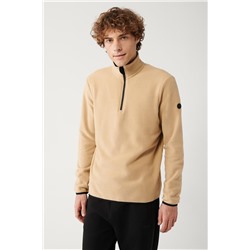 Bej Dik Yaka Soğuğa Dayanıklı Yarım Fermuarlı Regular Fit Standart Kesim Polar Sweatshirt