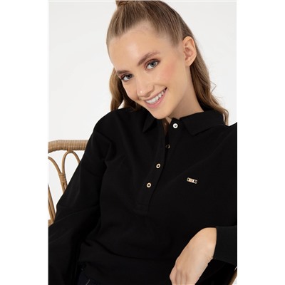 Kadın Siyah Polo Yaka Sweatshirt