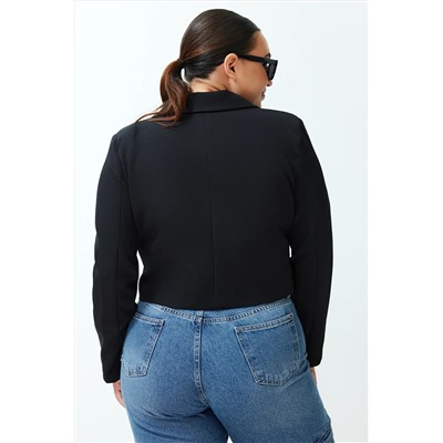 Siyah Crop Astarlı Büyük Beden Blazer Dokuma Ceket TBBSS24AG00003