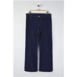 Koyu Mavi Yüksek Bel Paçası Kesikli Straight Fit Denim Büyük Beden Jeans TBBAW26CJ00033