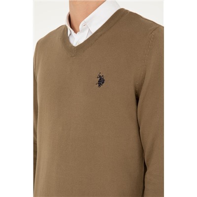 Erkek Slim Fit V Yaka Haki Basic Kazak