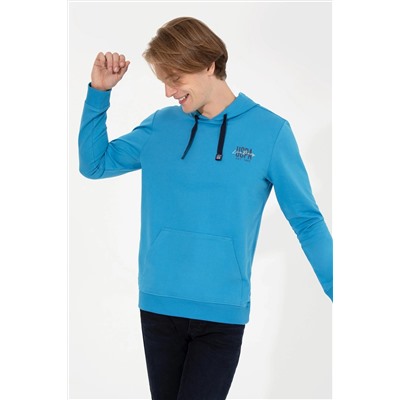 Erkek Kobalt Kapüşonlu Basic Sweatshirt