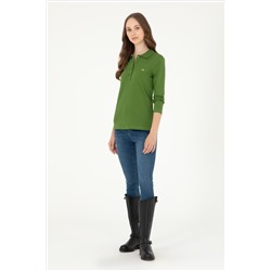 Kadın Yeşil Basic Polo Yaka Sweatshirt
