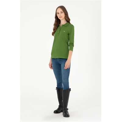 Kadın Yeşil Basic Polo Yaka Sweatshirt
