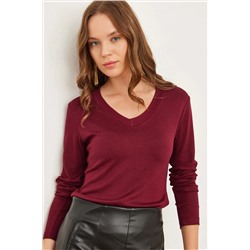 Olalook, Kadın Bordo V Yaka Dökümlü Soft Touch Bluz BLZ-19002757