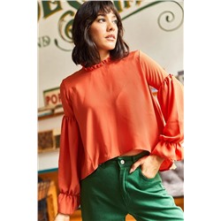 Olalook, Kadın Tarçın Fırfırlı Yaka Oversize Dokuma Bluz BLZ-19002011