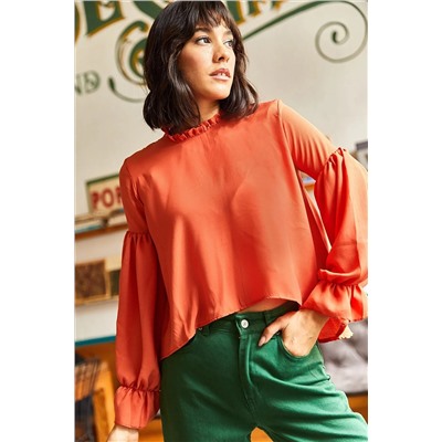 Olalook, Kadın Tarçın Fırfırlı Yaka Oversize Dokuma Bluz BLZ-19002011