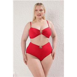 Kırmızı Yüksek Bel Aksesuar Detaylı Büyük Beden Bikini Altı TBBSS25CR00000