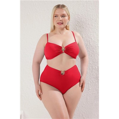 Kırmızı Yüksek Bel Aksesuar Detaylı Büyük Beden Bikini Altı TBBSS25CR00000