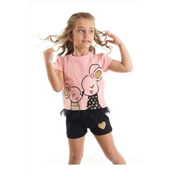 Denokids Sevimli Fare Kız Çocuk Pembe T-Shirt Siyah Şort Takım CFF-22Y1-007