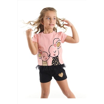 Denokids Sevimli Fare Kız Çocuk Pembe T-Shirt Siyah Şort Takım CFF-22Y1-007