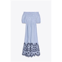 STRIPED EMBROIDERED MIDI DRESS