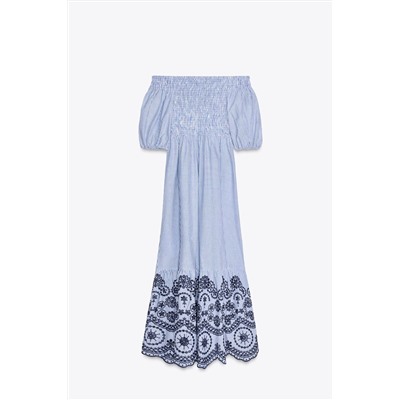 STRIPED EMBROIDERED MIDI DRESS
