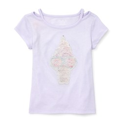 Girls Short Sleeve Flip Sequin Graphic Cut Out Top