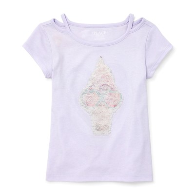 Girls Short Sleeve Flip Sequin Graphic Cut Out Top