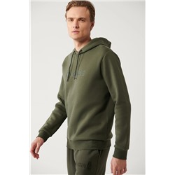 Avva Erkek Haki Kapüşonlu Yaka 3 İplik Şardonlu Piramit Baskılı Standart Fit Normal Kesim Sweatshirt A32Y A32Y1240