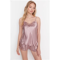 TRENDYOLMİLLA Vizon Dantel Detaylı Saten Atlet-Şort Dokuma Pijama Takımı THMAW21PT0843