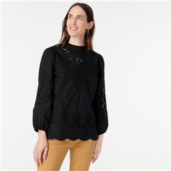 Mockneck cotton poplin top with embroidered eyelet