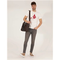 Ekru Slim Fit Baskılı Bisiklet Yaka Tişört