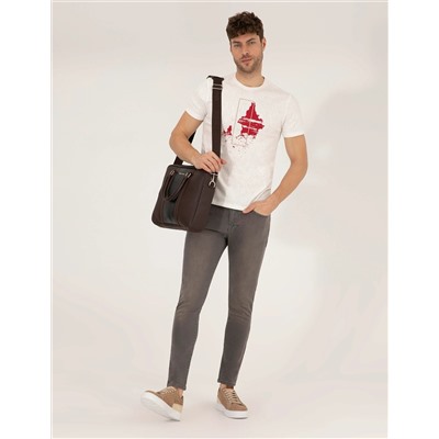 Ekru Slim Fit Baskılı Bisiklet Yaka Tişört