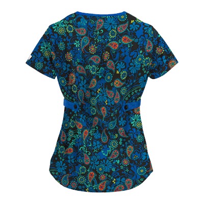 UA Perfect Paisley Black Mock Wrap Scrub Top