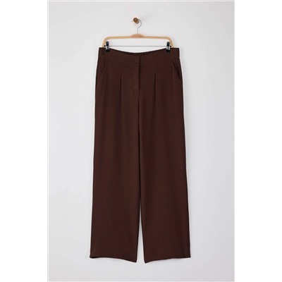 Kahverengi Lastikli Yüksek Bel Pileli Wide Leg Dokuma Pantolon TBBSS22PL0448