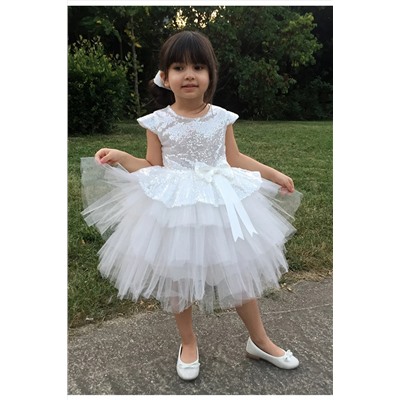 Delfini kids Kız Çoçuk Beyaz Pullu Doğum Günü Abiye Tüllü Elbise 9354