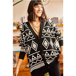 OlalookKadın Siyah Etnik Desen Oversize Triko Hırka HRK-19000124