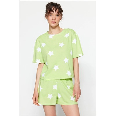 TRENDYOLMİLLA Açık Yeşil Yıldız Baskılı Pamuklu T-shirt-Şort Örme Pijama Takımı THMSS22PT0501